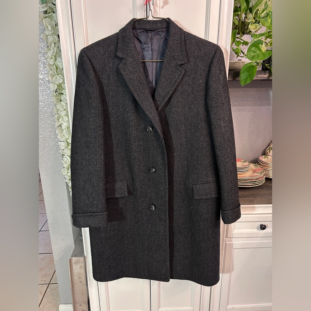 Vintage‎ Bamberger's Mens Charcoal Grey Herringbone Wool Overcoat Long Jacket